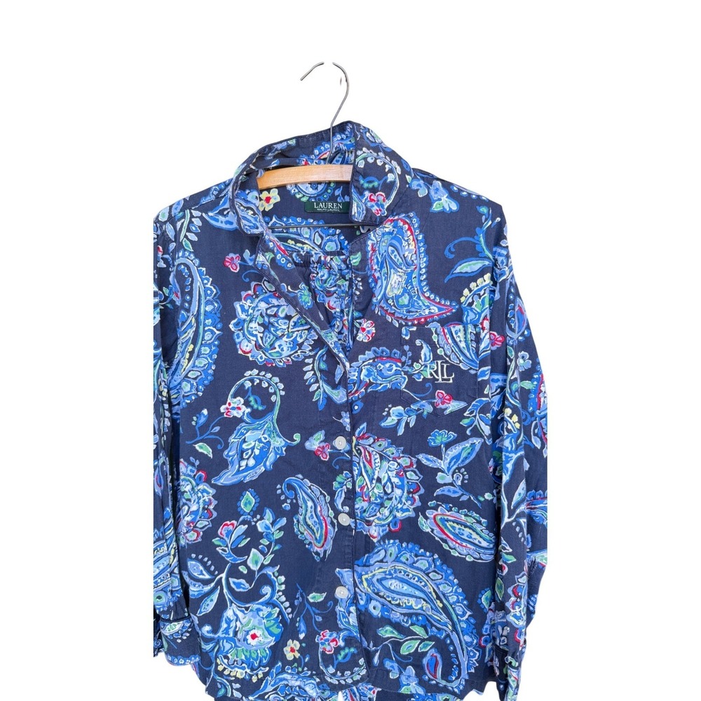 Lauren Ralph Lauren Womens Blue Paisley Pajama Set Button Front Long Sleeve M - Picture 4 of 10